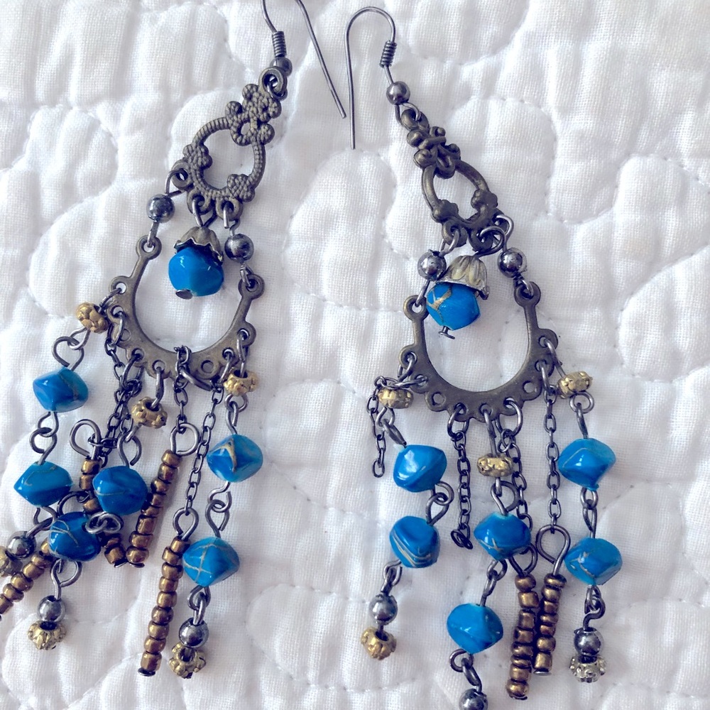 Turquoise, gol, silver dangle earrings